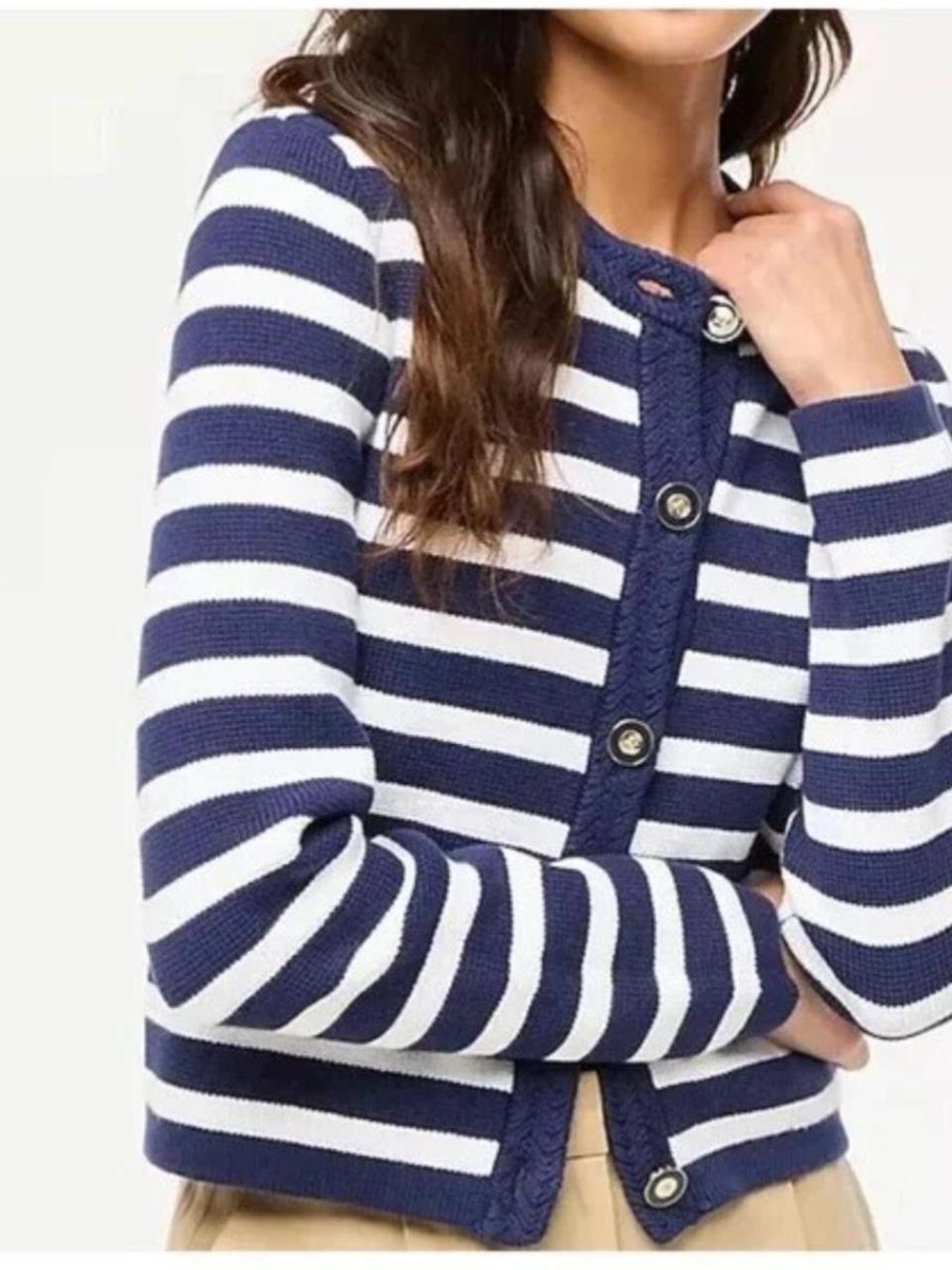 J. Crew Navy and White Striped Knit Cardigan with Gold Button